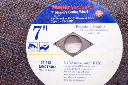 Master Mechanic 123 513, MM71730-1 Masonry 7" Cutting Wheel NOS