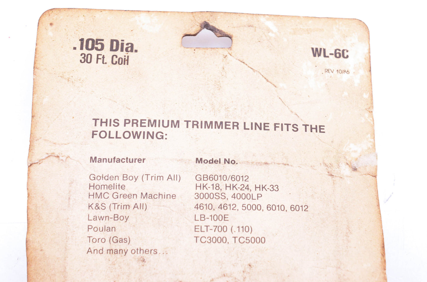 Power Lawnmower Parts WL-6C Trimmer Line 30' .105" NOS