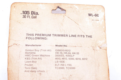 Power Lawnmower Parts WL-6C Trimmer Line 30' .105" NOS