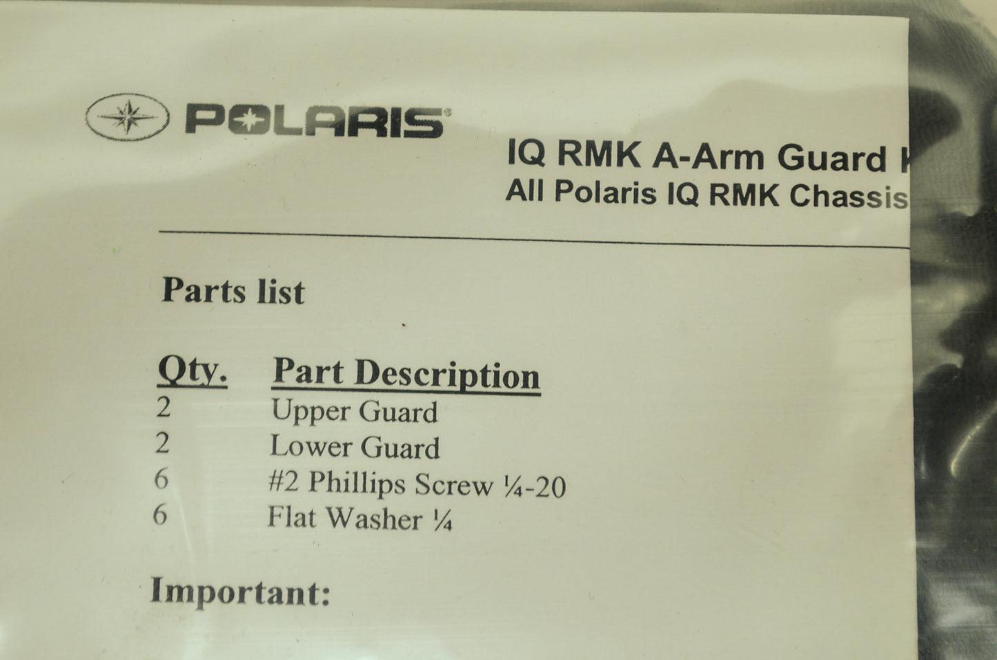 NEW OEM Polaris A-Arm Guard Kit Black IQ RMK NOS