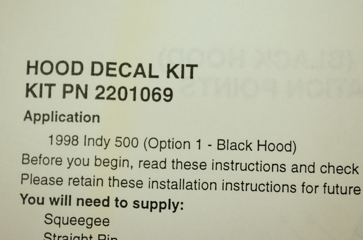 Decal Kit 1998 Indy 500 Option 1 W/Black Hood NOS