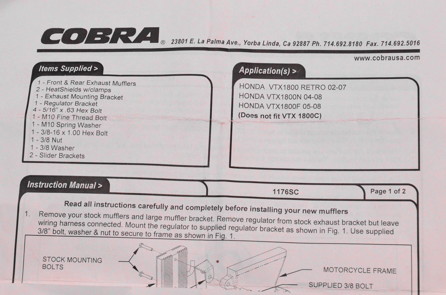 Cobra 1176SC, 081458, 99-8002 Slip On Muffler Kit NOS