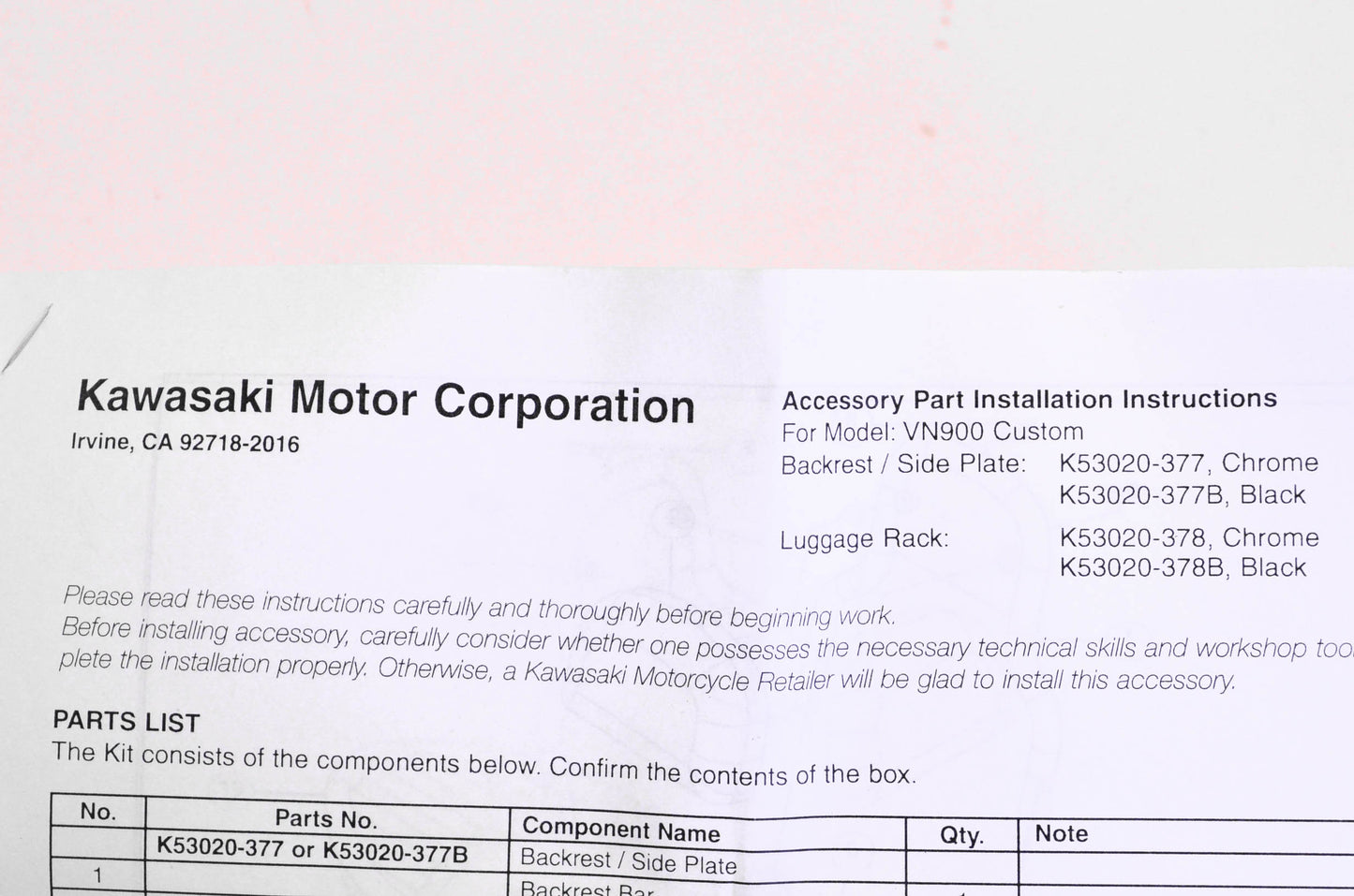 New OEM Kawasaki K53020-378 Luggage Rack Kit NOS