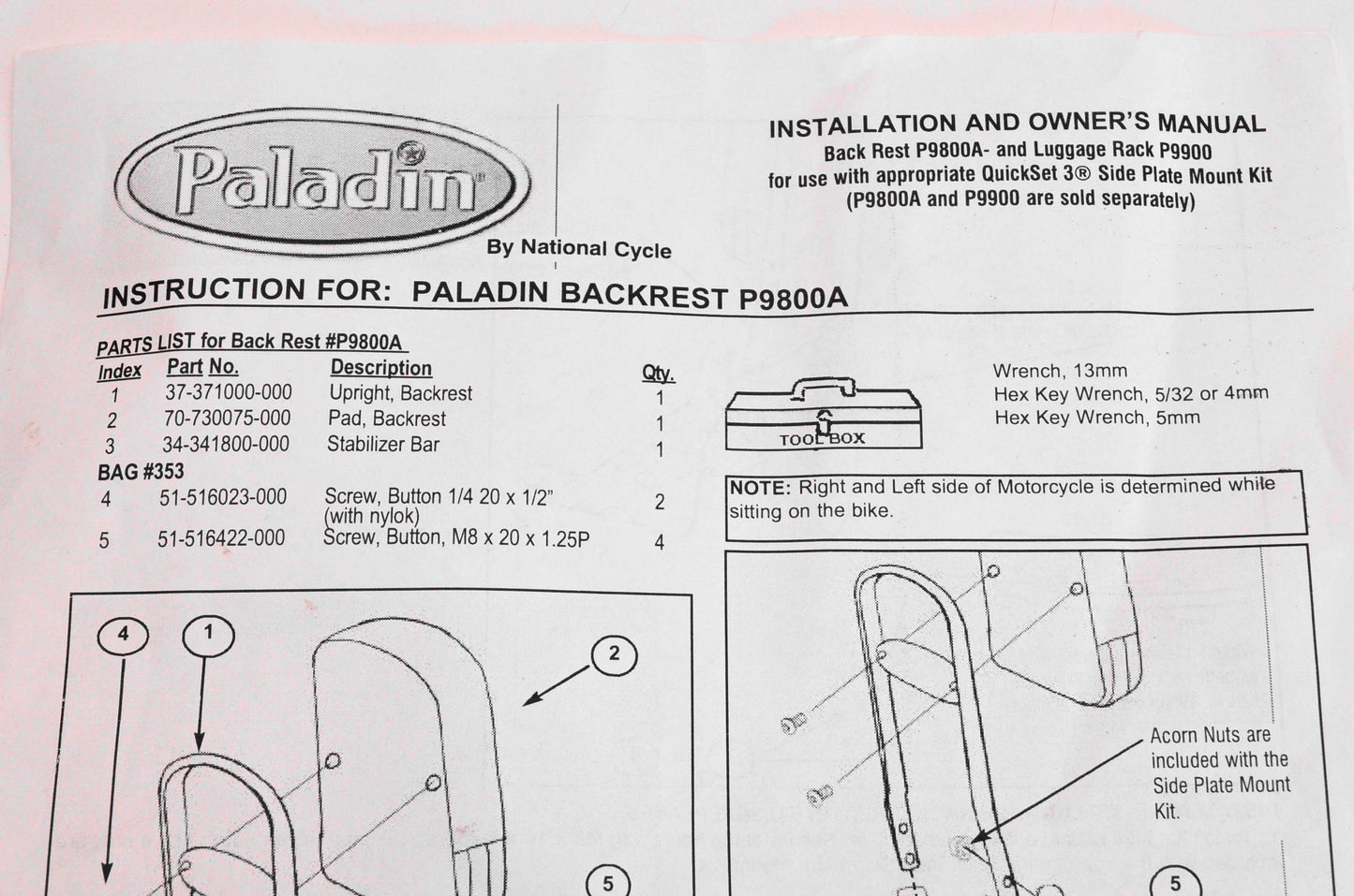 Paladin P9800A, 37-371000-000, 70-730075-000 National Cycle Backrest Kit NOS