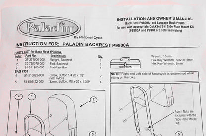 Paladin P9800A, 37-371000-000, 70-730075-000 National Cycle Backrest Kit NOS