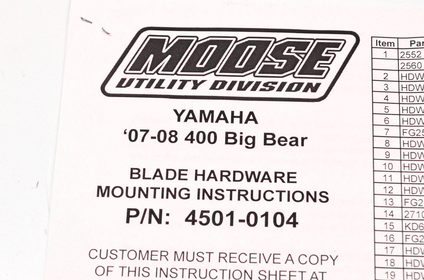 Moose Utility Division 4501-0104 Plow Mounting Kit NOS