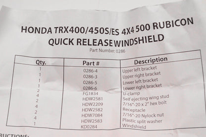 Cambridge Metals & Plastics 8000-0286, 0286 Quick Release Windshield Kit NOS