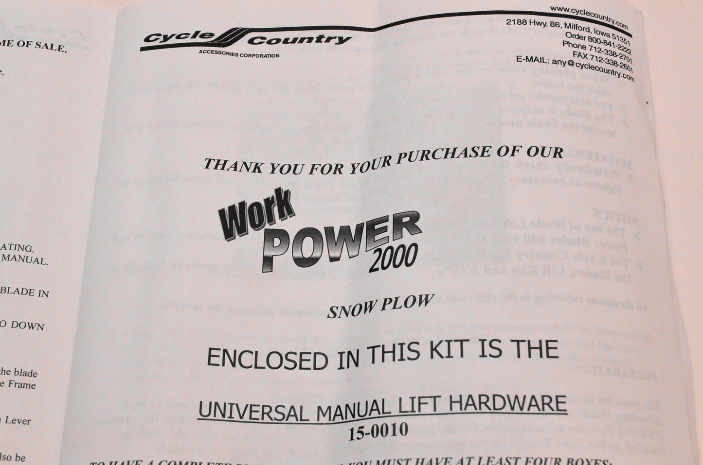 Cycle Country 15-0010 WP-2000 Universal Manual Lift Kit NOS