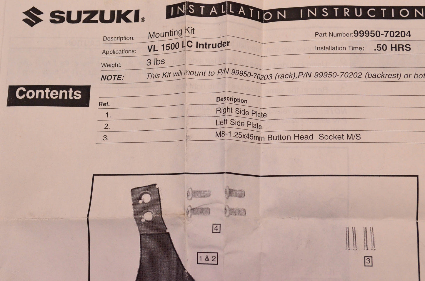 New OEM Suzuki 99950-70204 Backrest Mounting Kit NOS