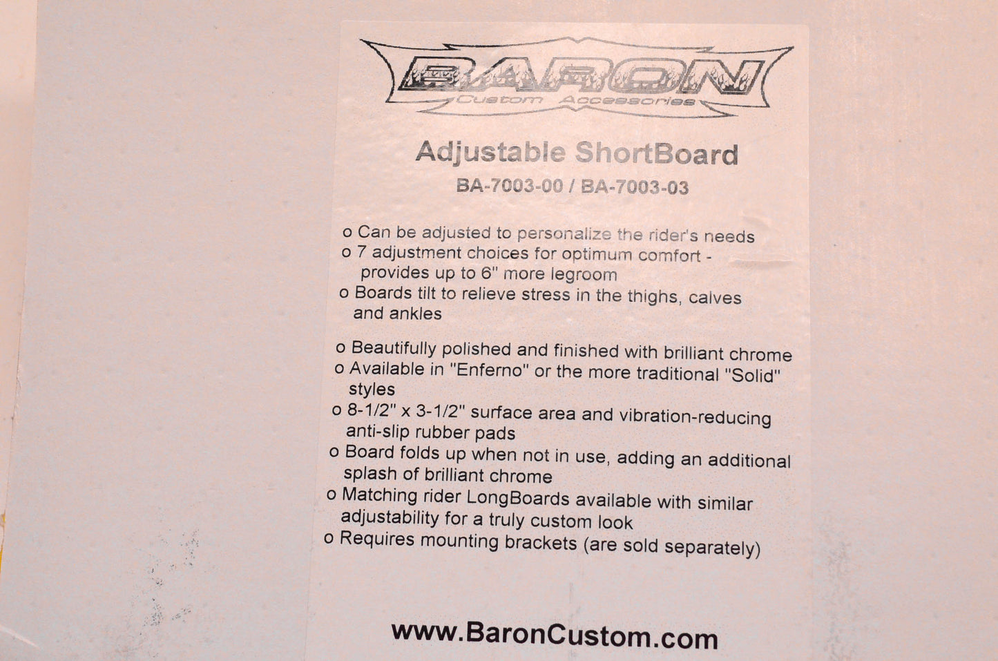 Baron Custom Accessories BA-7003-03, BA-7003-00 Adjustable Short Board Kit NOS
