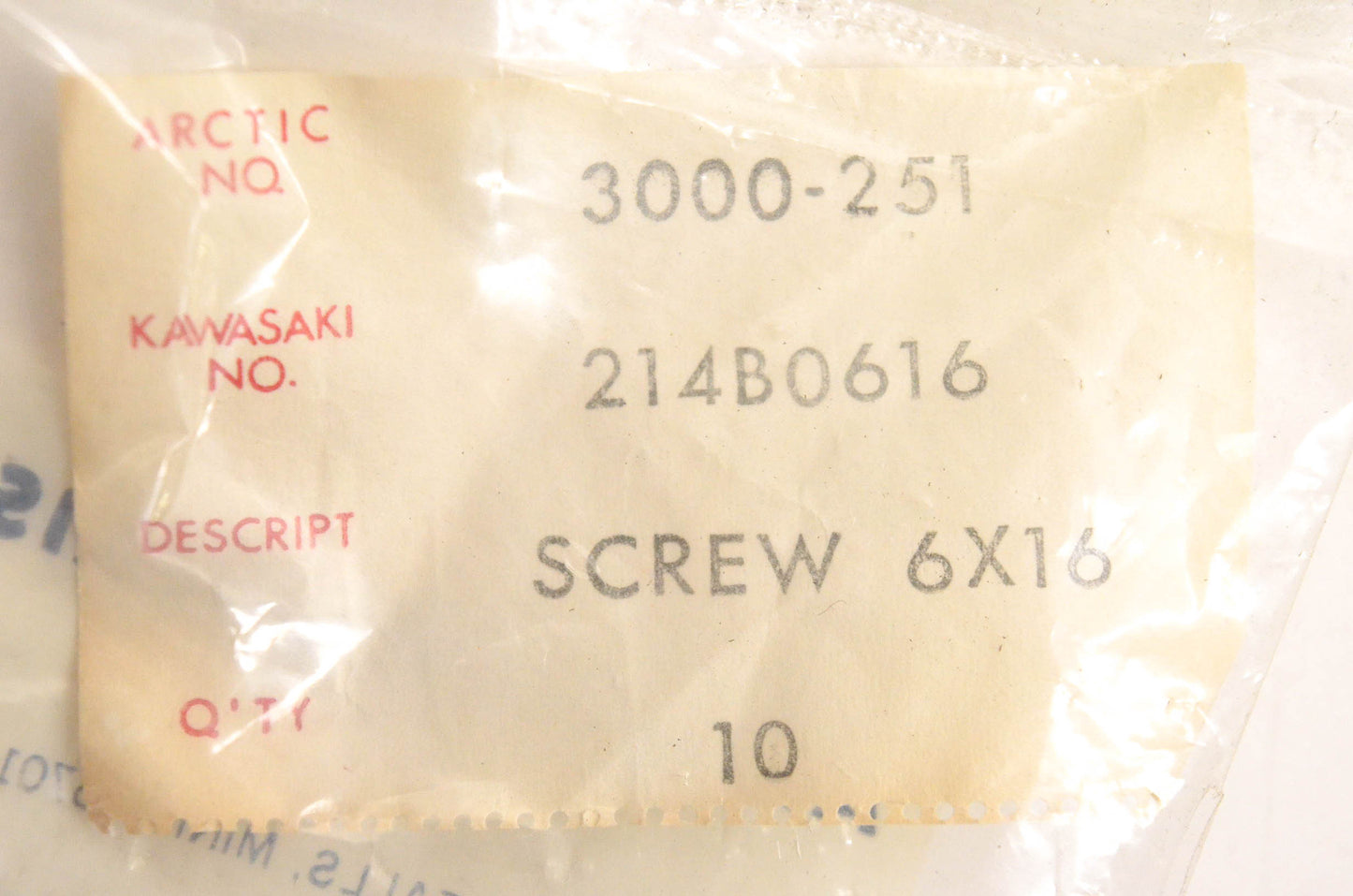 New OEM Arctic Cat 3000-251, 214B0616 Screws 6x16 Qty 10 NOS