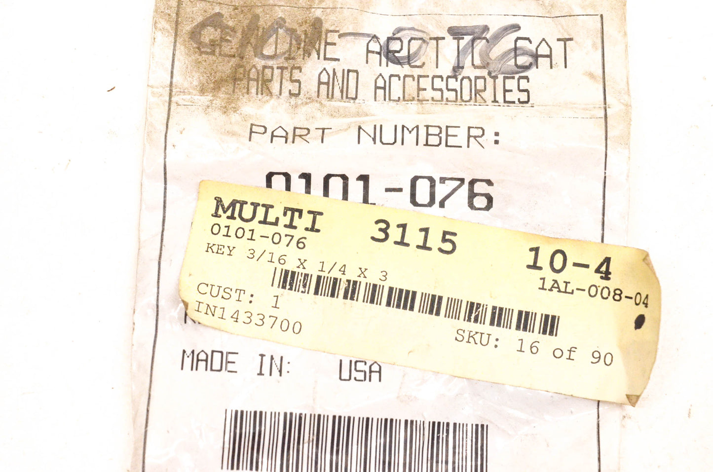 New OEM Arctic Cat 0101-076 Key 3/16x4/4x3 NOS