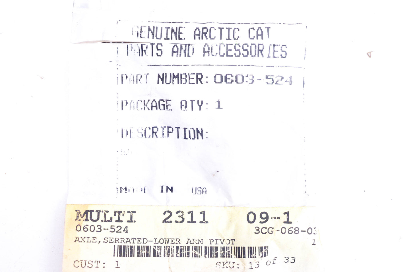 New OEM Arctic Cat 0603-524 Serrated Lower Arm Pivot Axle NOS