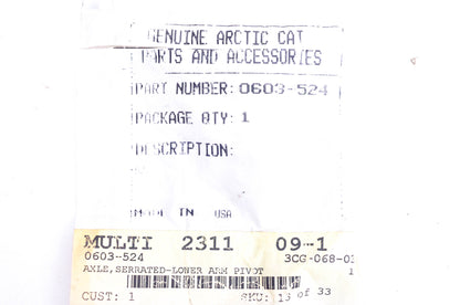 New OEM Arctic Cat 0603-524 Serrated Lower Arm Pivot Axle NOS