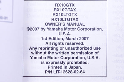 New OEM Yamaha LIT-12628-02-64 2008 RX10 Owner's Manual Kit NOS