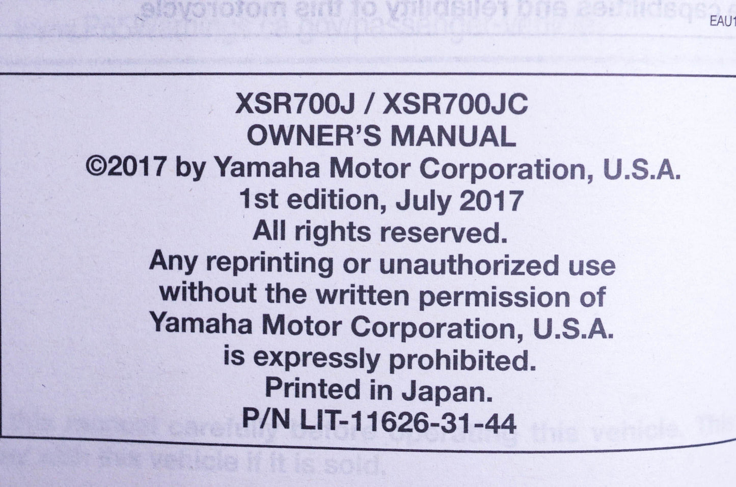 New OEM Yamaha LIT-11626-31-44 2018 XSR700 Owner's Manual NOS