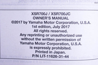 New OEM Yamaha LIT-11626-31-44 2018 XSR700 Owner's Manual NOS