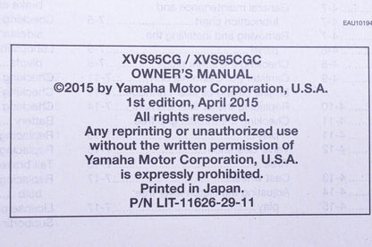 New OEM Yamaha LIT-11626-29-11 2016 XVS95CG/C Owner's Manual NOS