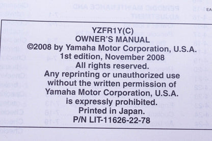 New OEM Yamaha LIT-11626-22-78 YZFR1Yc Owner's Manual NOS