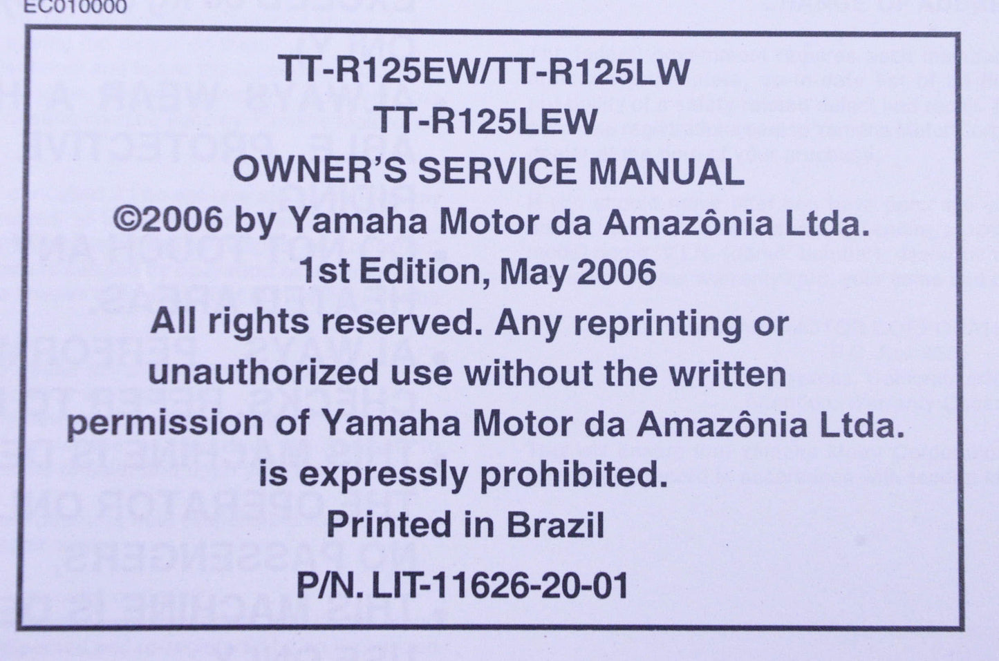 New OEM Yamaha LIT-11626-20-01 TT-R125 Owner's Service Manual NOS
