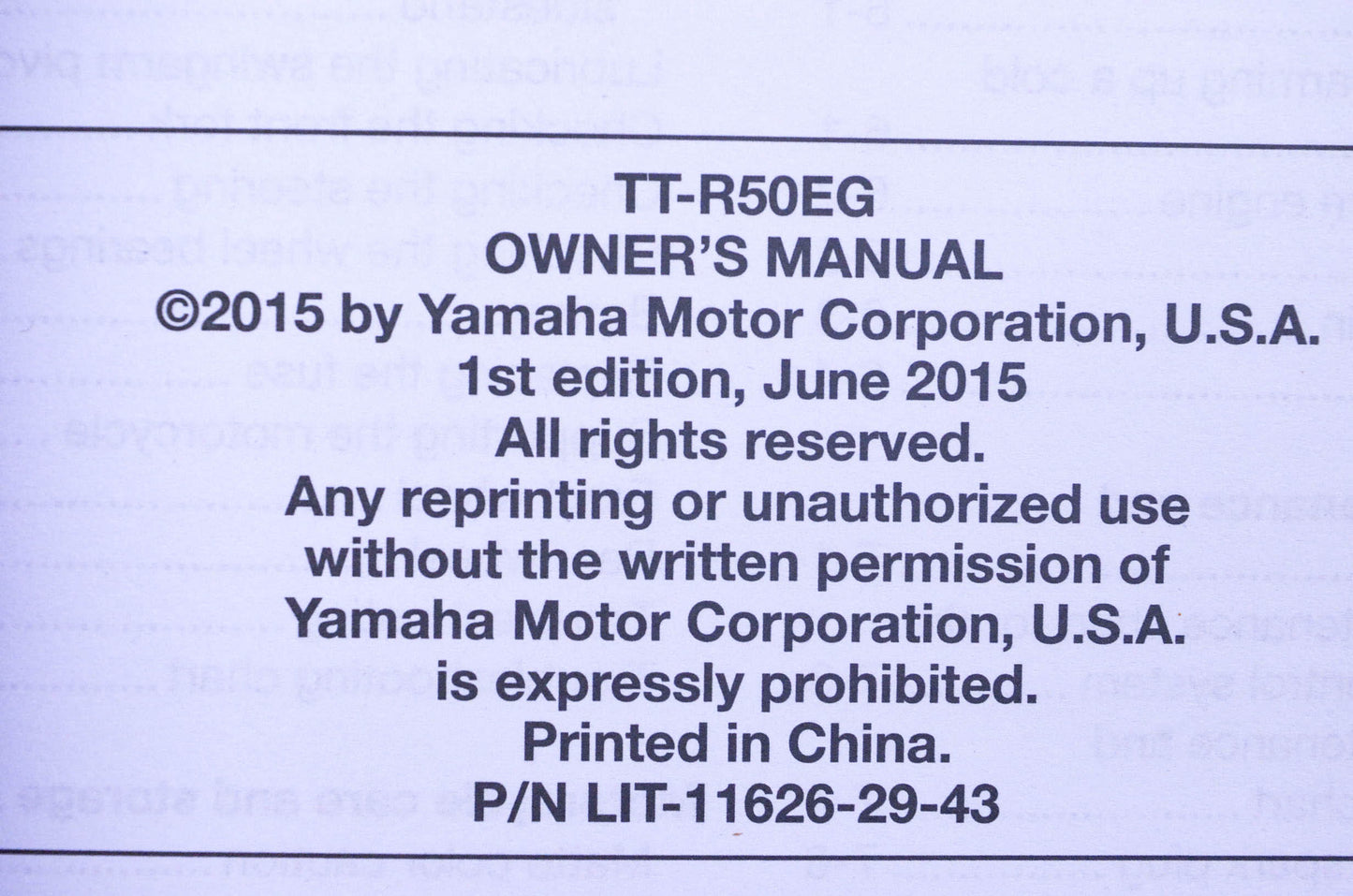 New OEM Yamaha LIT-11626-29-43 2016 TT-R50EG Owner's Manual NOS