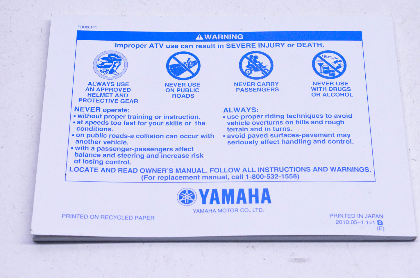 New OEM Yamaha LIT-11626-24-36 2011 YFM125RA Raptor Owner's Manual NOS