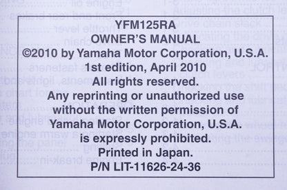 New OEM Yamaha LIT-11626-24-36 2011 YFM125RA Raptor Owner's Manual NOS
