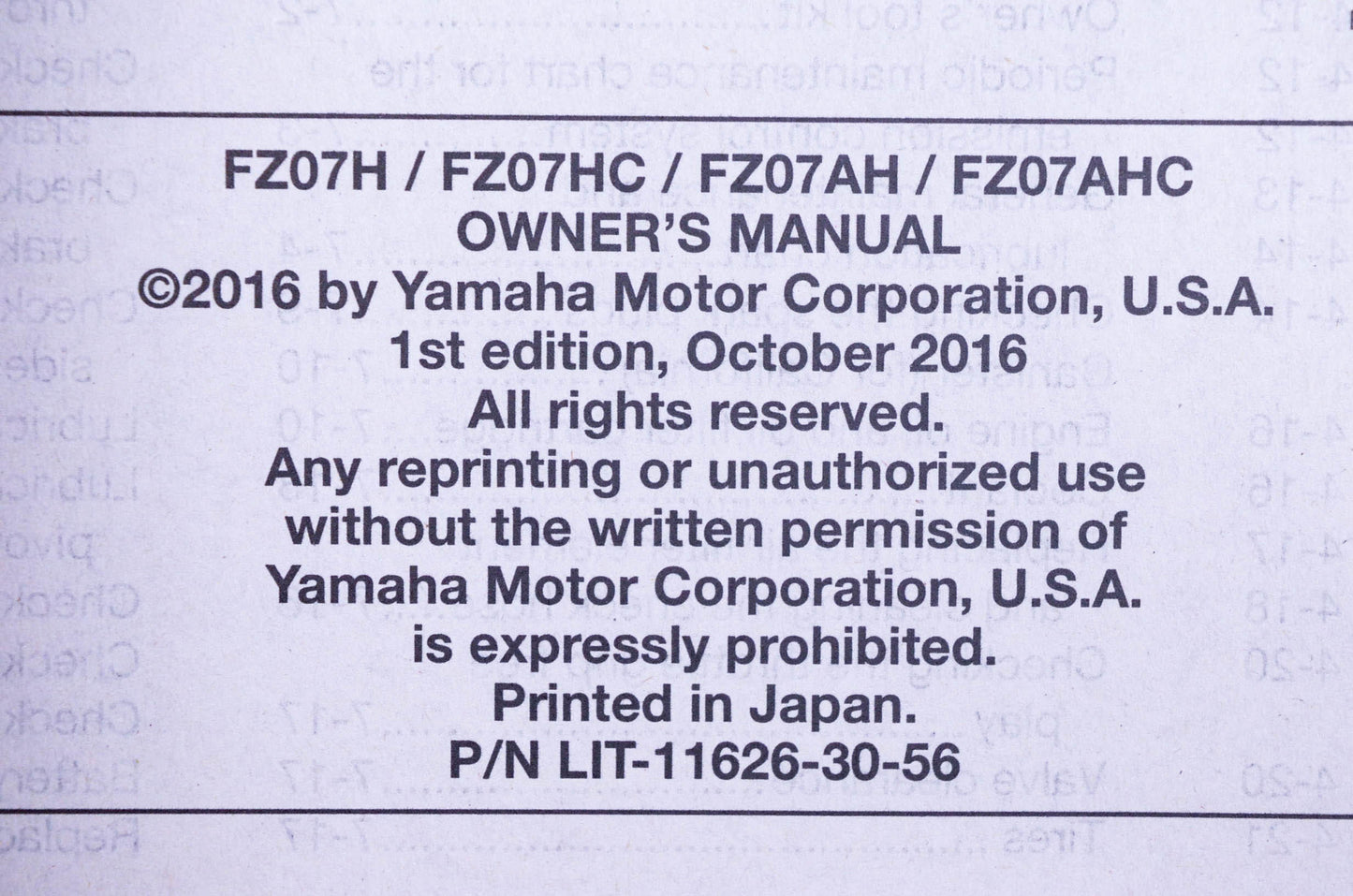 New OEM Yamaha LIT-11626-30-56 2012 FZ-07 Owner's Manual NOS