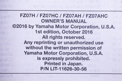 New OEM Yamaha LIT-11626-30-56 2012 FZ-07 Owner's Manual NOS