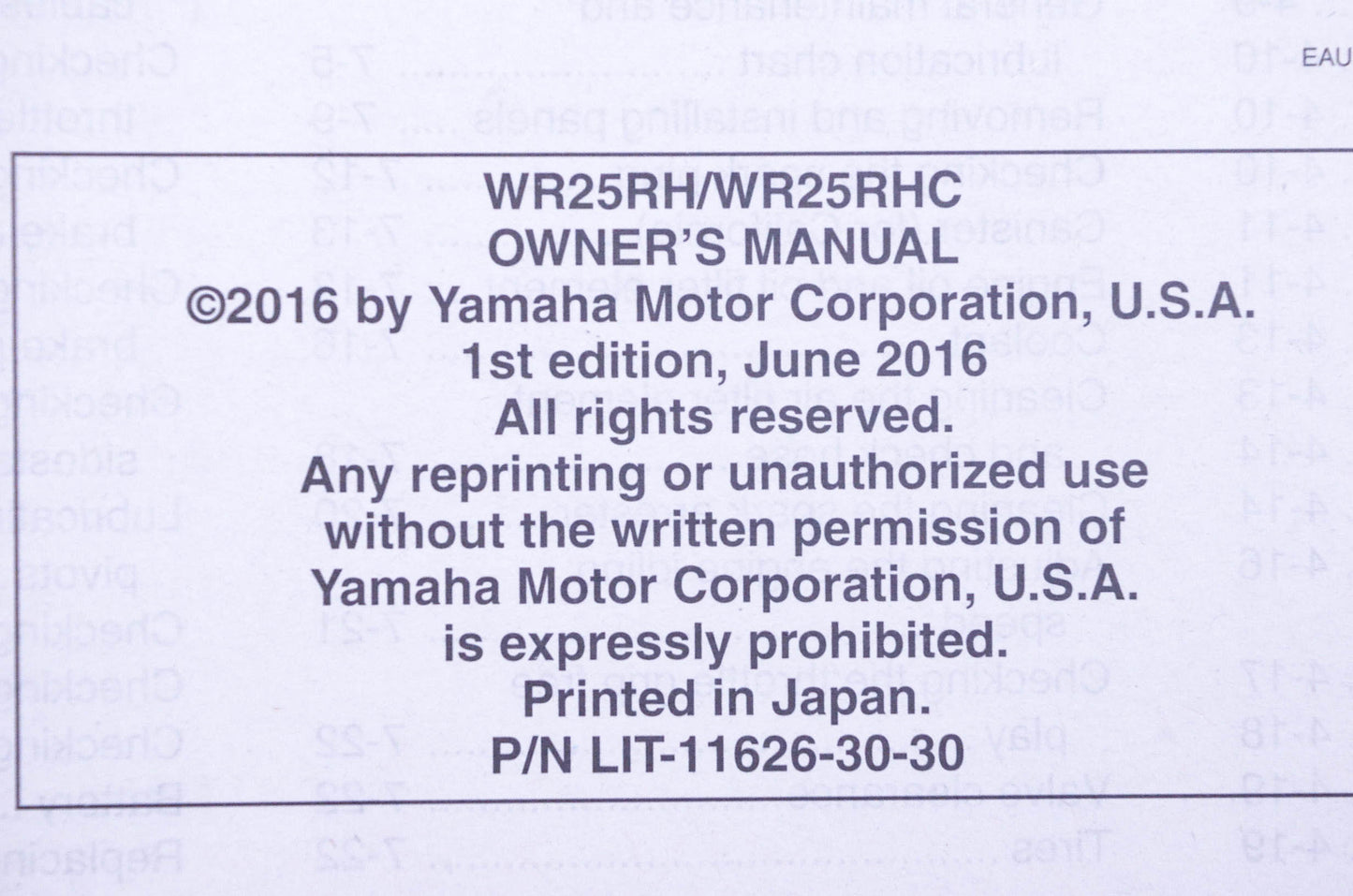 New OEM Yamaha LIT-11626-30-30 2017 WR250R Owner's Manual NOS