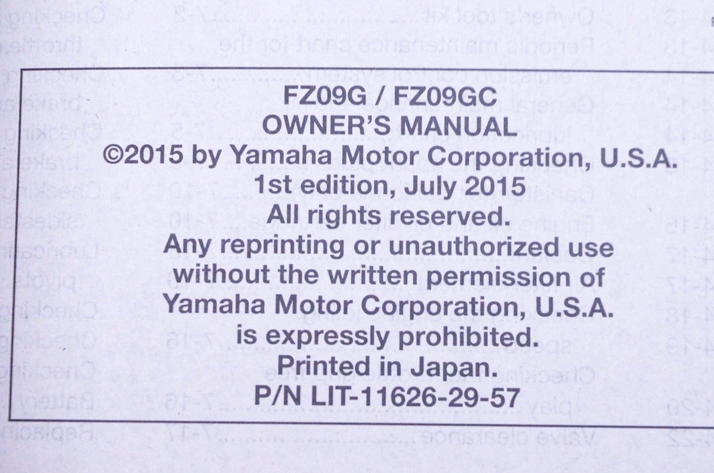New OEM Yamaha LIT-11626-29-57 2016 FZ-09 Owner's Manual NOS