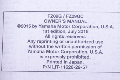 New OEM Yamaha LIT-11626-29-57 2016 FZ-09 Owner's Manual NOS