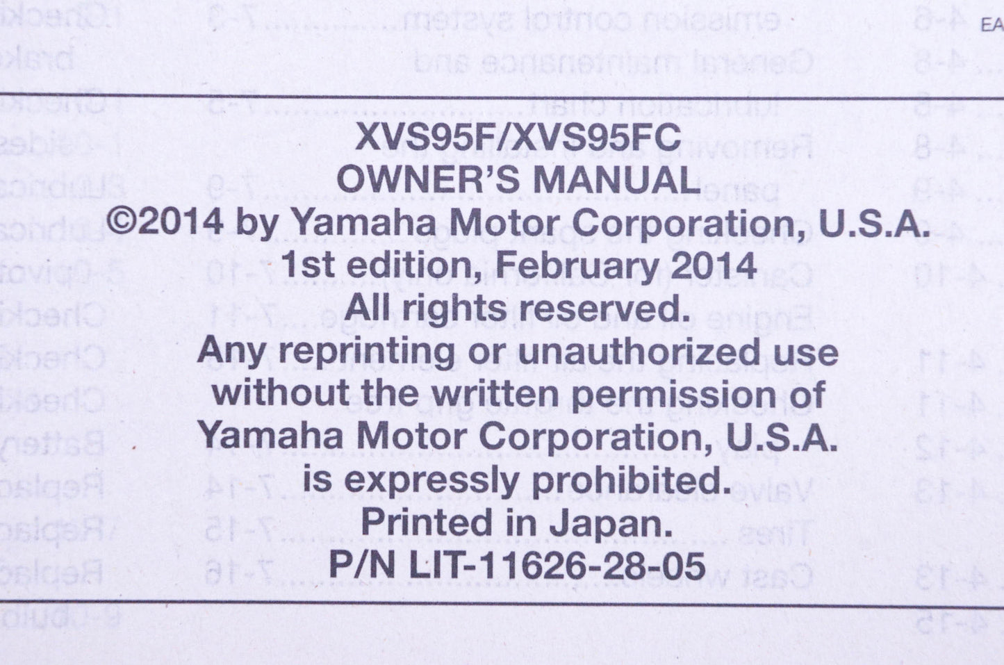 New OEM Yamaha LIT-11626-28-05 2015 Star XVS95 Owner's Manual NOS