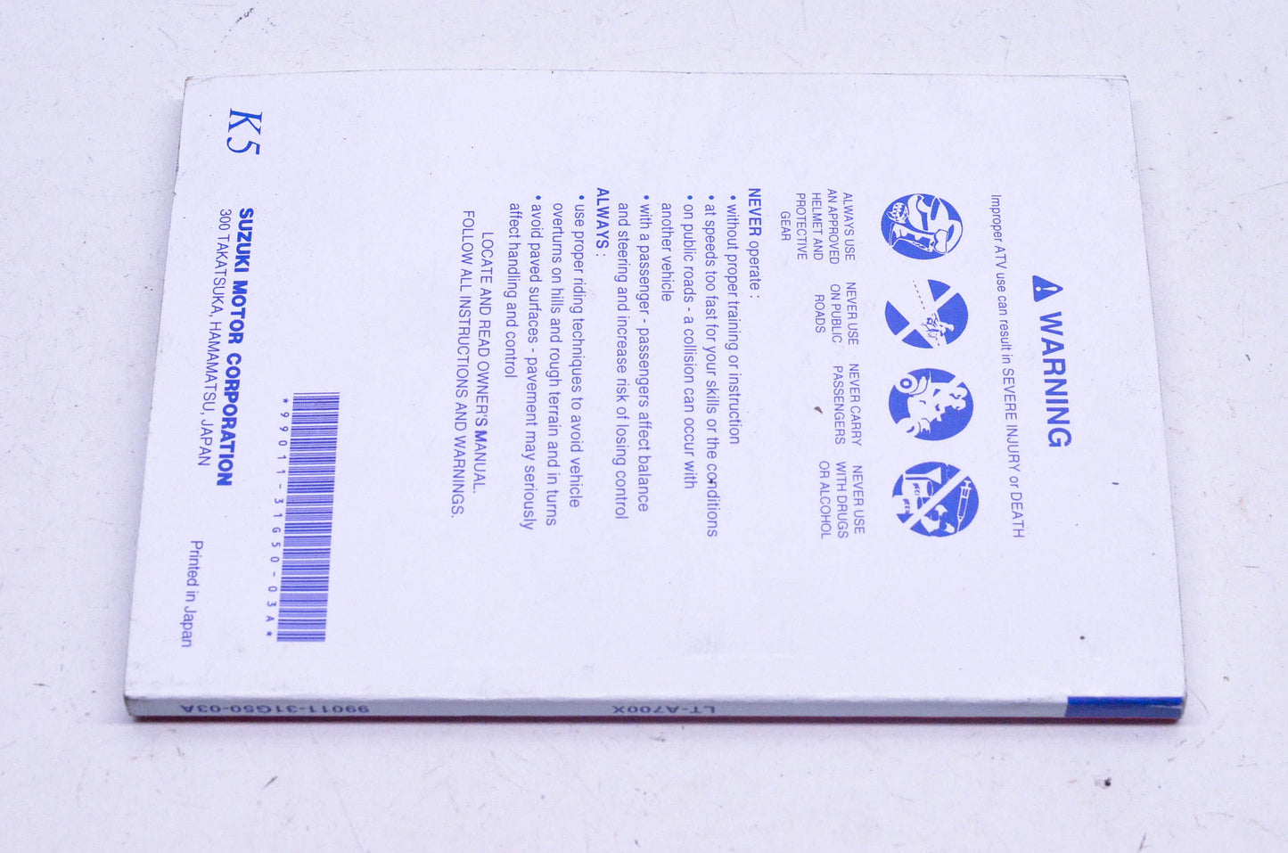 New OEM Suzuki 99011-31G50-03A LT-A700X Owner's Manual NOS
