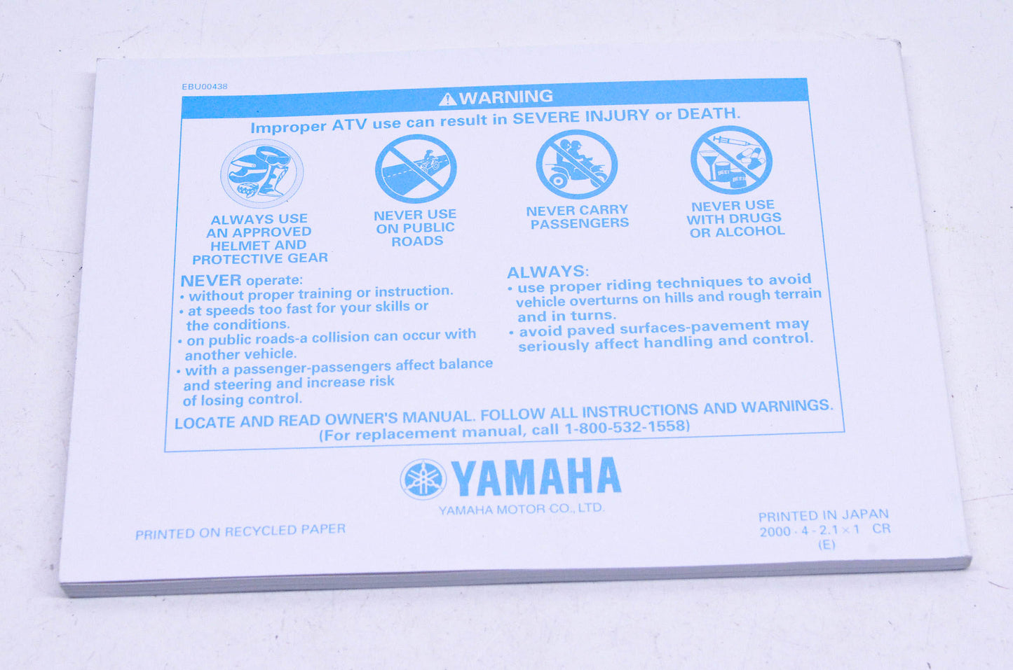 OEM Yamaha LIT-11626-14-10 YFM350XNc Warrior 350 Owner's Manual NOS