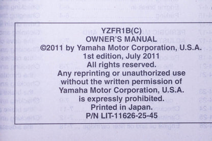 New OEM Yamaha LIT-11626-25-45 YZFR1Bc Owner's Manual NOS