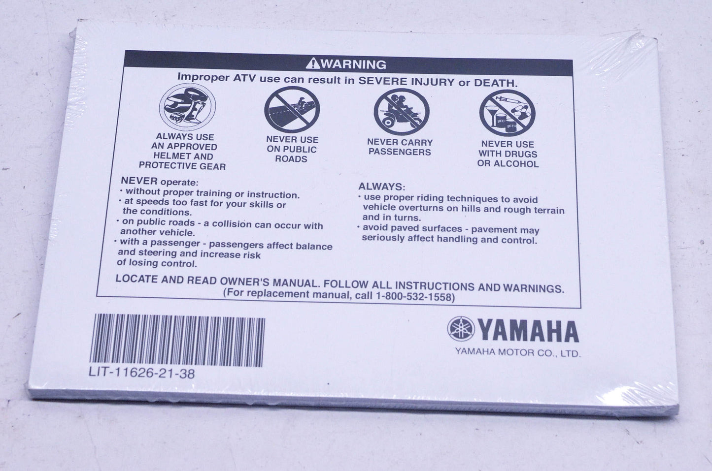 New OEM Yamaha LIT-11626-21-38 YFM50RX Raptor Owner's Manual NOS