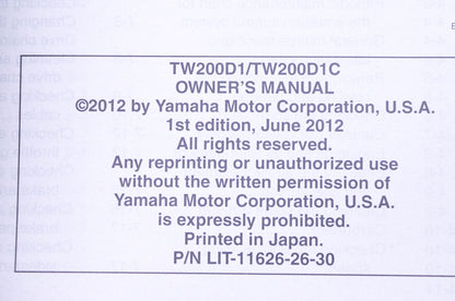 New OEM Yamaha LIT-11626-26-30 TW200 Owner's Manual NOS