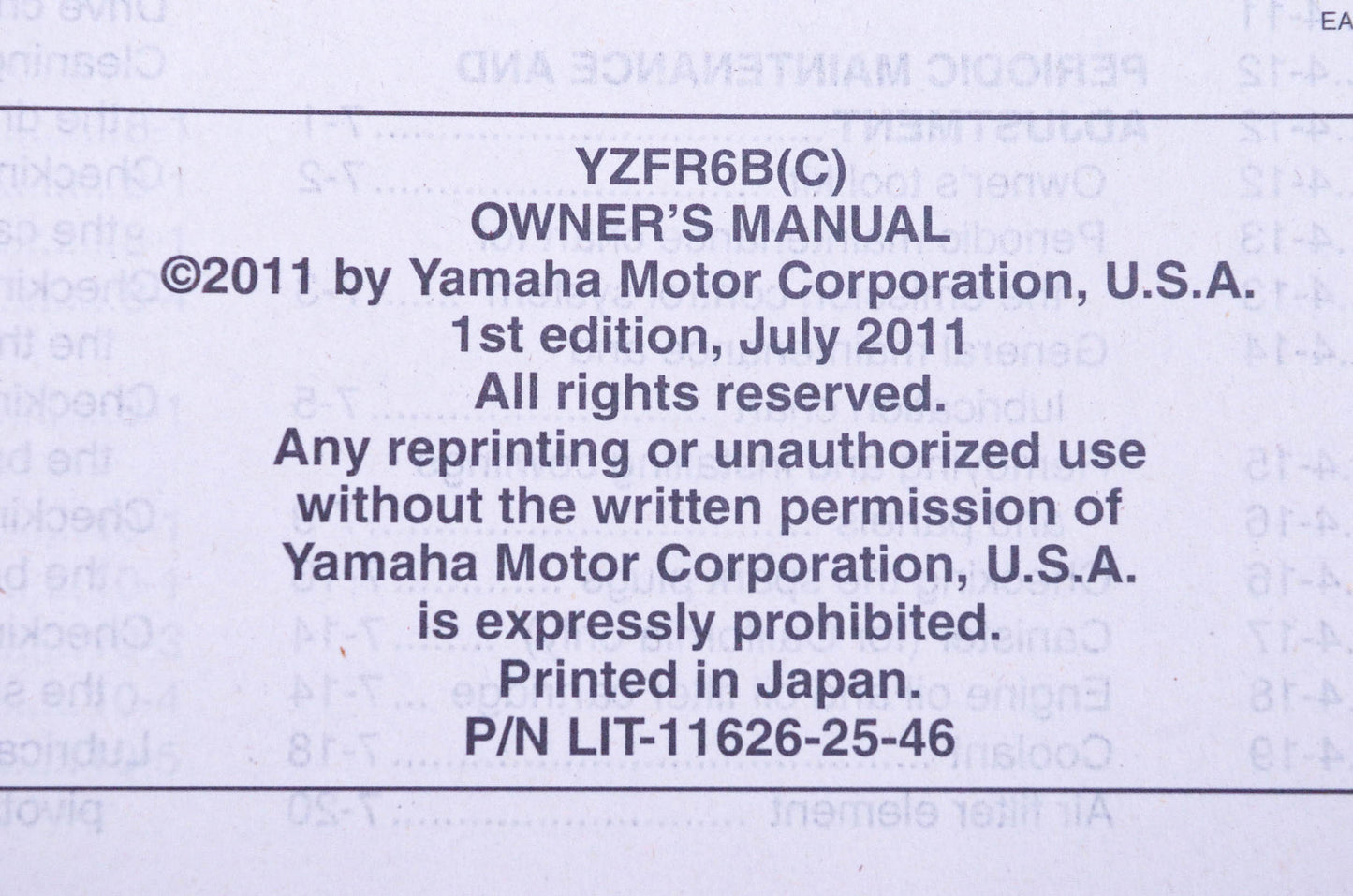 New OEM Yamaha LIT-11626-25-46 R6 YZFR6Bc Owner's Manual NOS