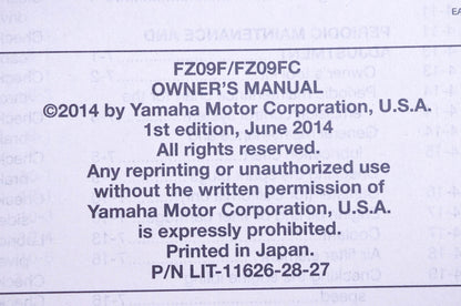 New OEM Yamaha LIT-11626-28-27 2015 FZ-09 Owner's Manual NOS