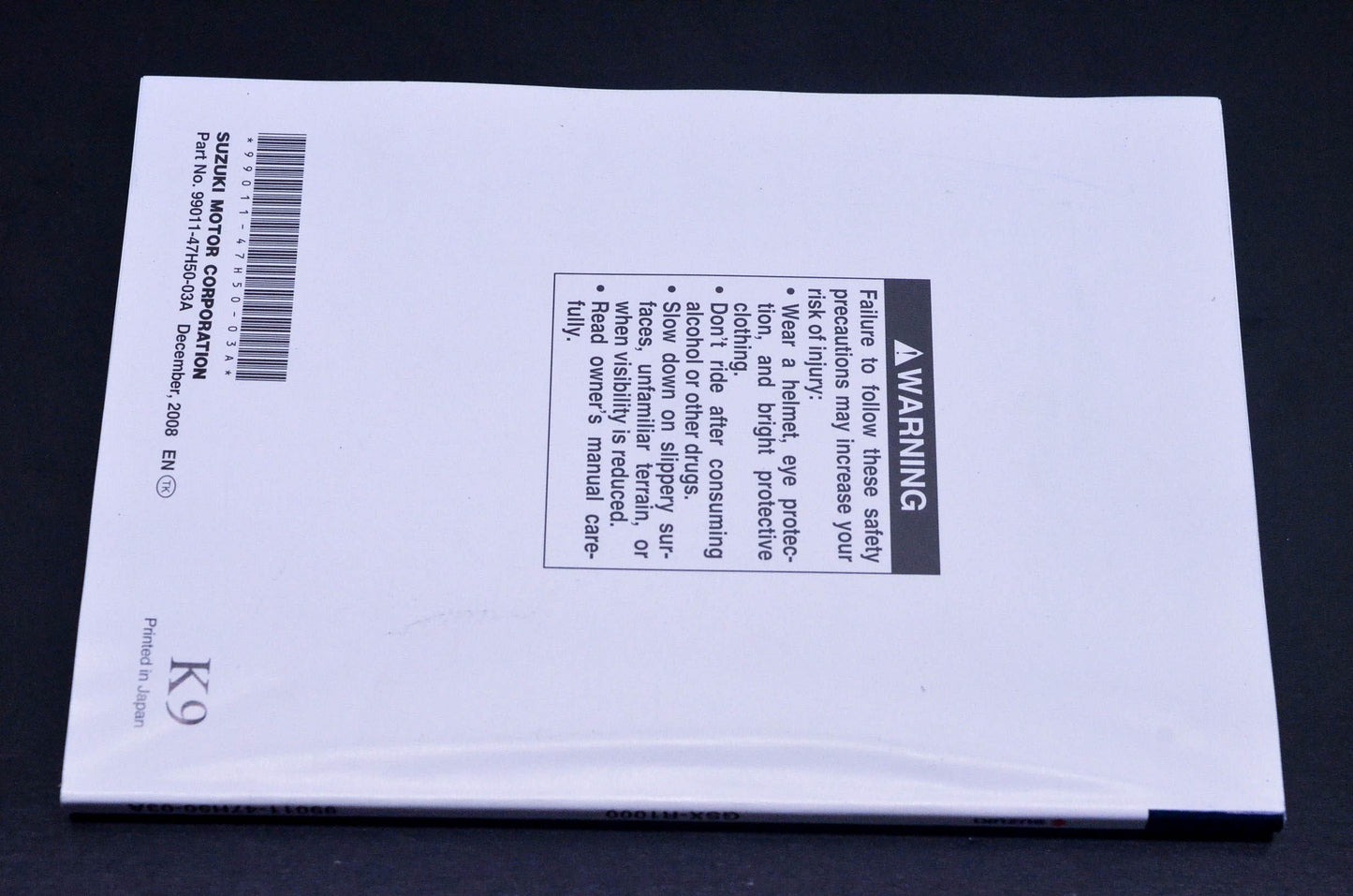 New OEM Suzuki 99011-47H50-03A GSX-R1000 Owner's Manual NOS