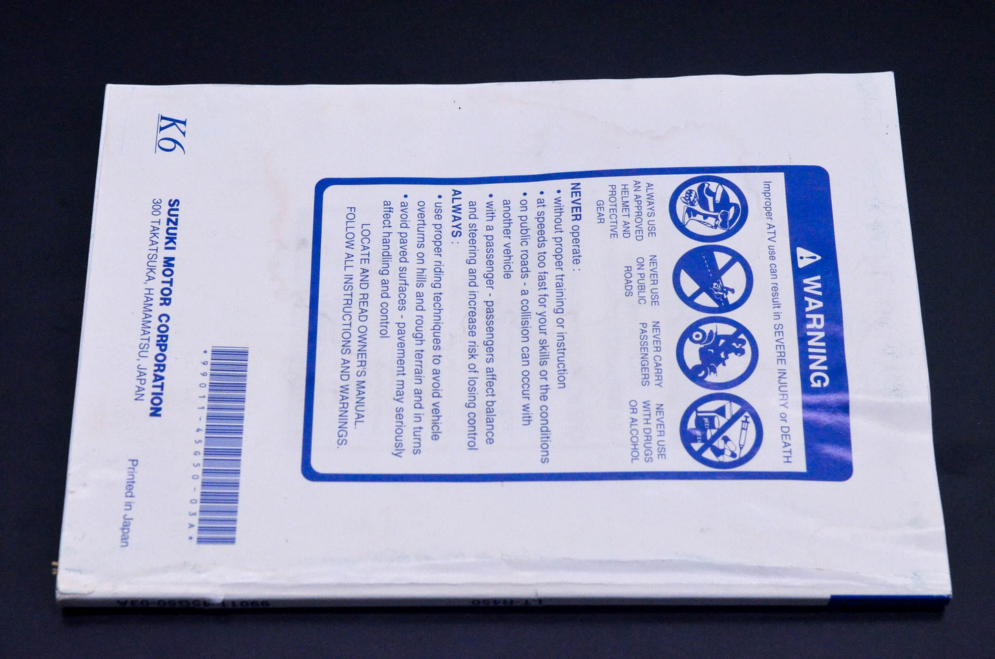 New OEM Suzuki 99011-45G50-03A LT-R450 Owner's Manual NOS
