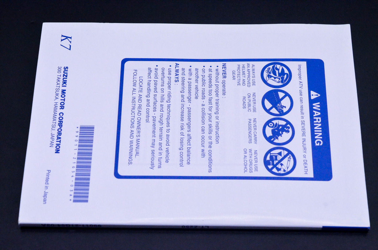 New OEM Suzuki 99011-21G54-03A LT-Z250 Owner's Manual NOS