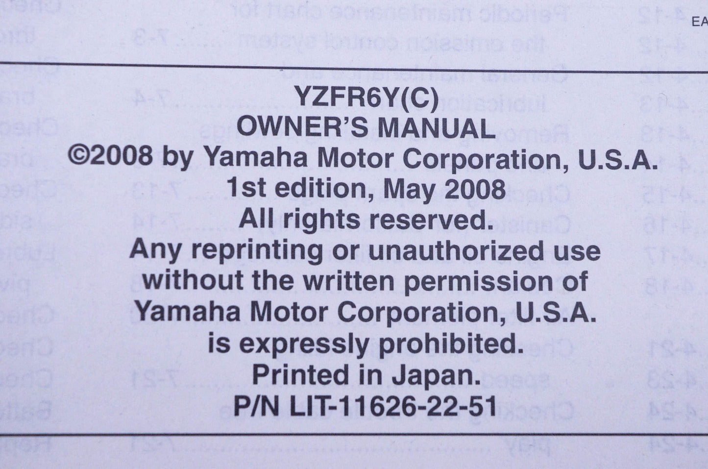New OEM Yamaha LIT-11626-22-51 2009 R6 YZFR6Yc Owner's Manual NOS