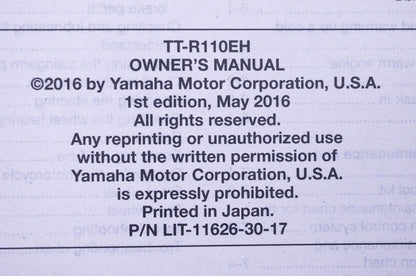 New OEM Yamaha LIT-11626-30-17 2017 TT-R110EH Owner's Manuals & Tool Kit NOS
