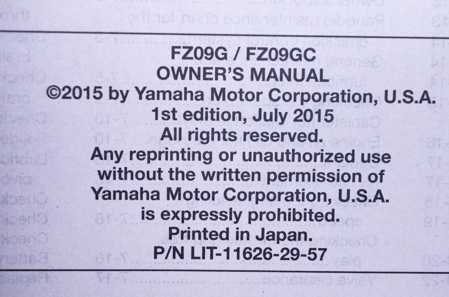 New OEM Yamaha LIT-11626-29-57 2016 FZ09G/GC Owner's Manuals & Tool Kit NOS
