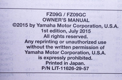 New OEM Yamaha LIT-11626-29-57 2016 FZ09G/GC Owner's Manuals & Tool Kit NOS