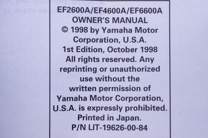 New OEM Yamaha LIT-19626-00-84 EF2600A/4600A/6600A Generator Owner's Manual Kit NOS