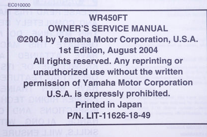 New OEM Yamaha LIT-11626-18-49 WR450FT Owner's Service Manual NOS