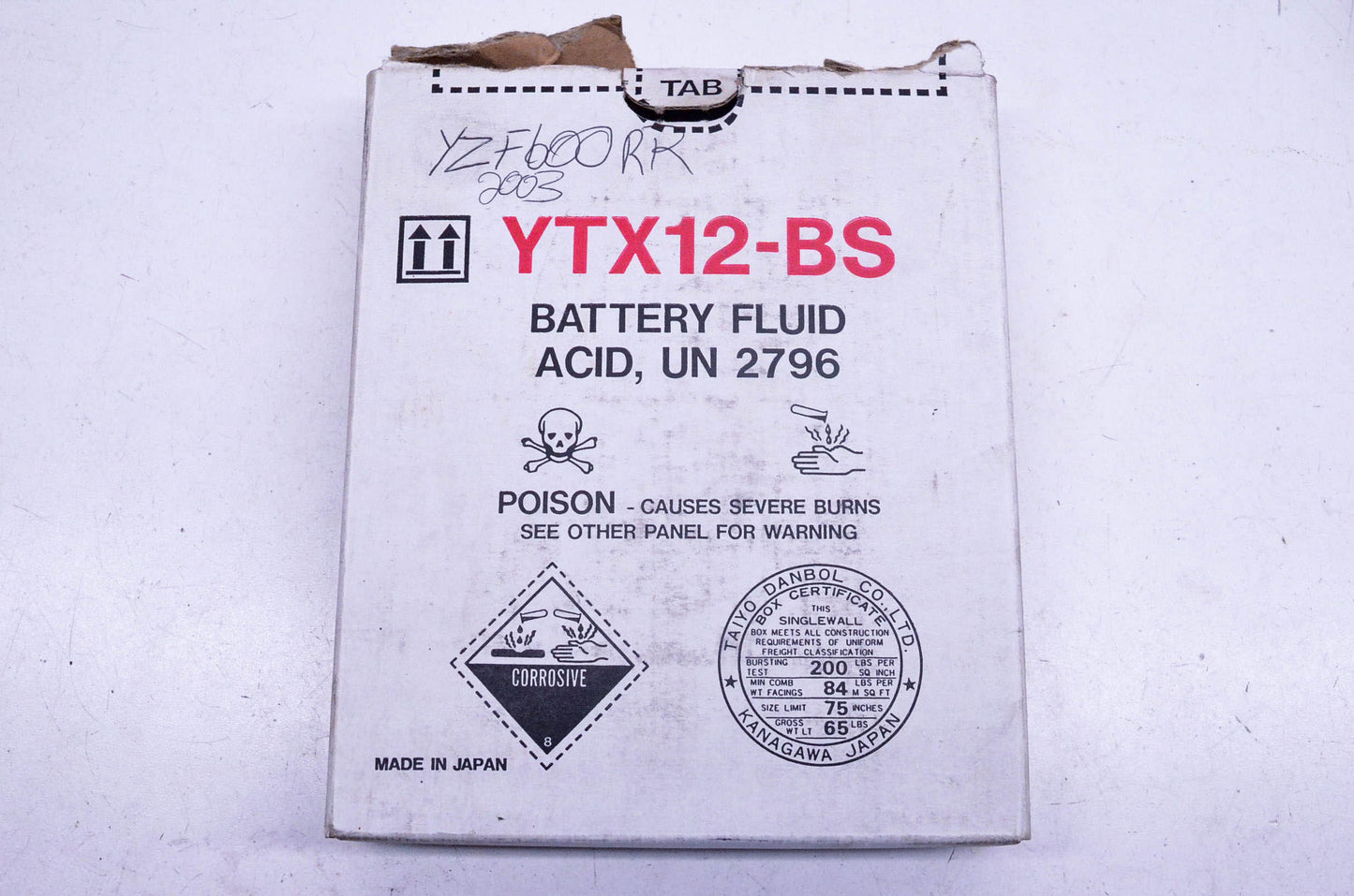 Yuasa ESR-0.60UN YTX12-BS UN 2796 Battery Fluid Acid NOS